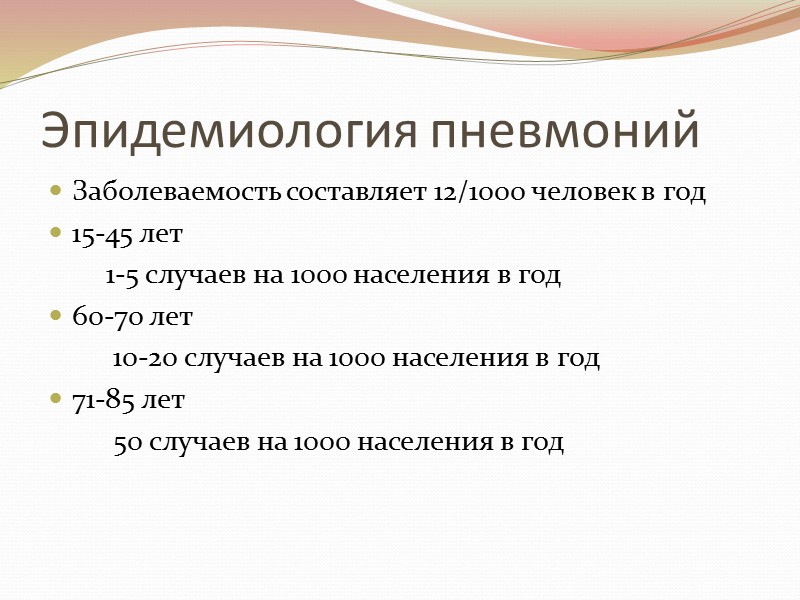 Эпидемиология пневмоний Заболеваемость составляет 12/1000 человек в год 15-45 лет    